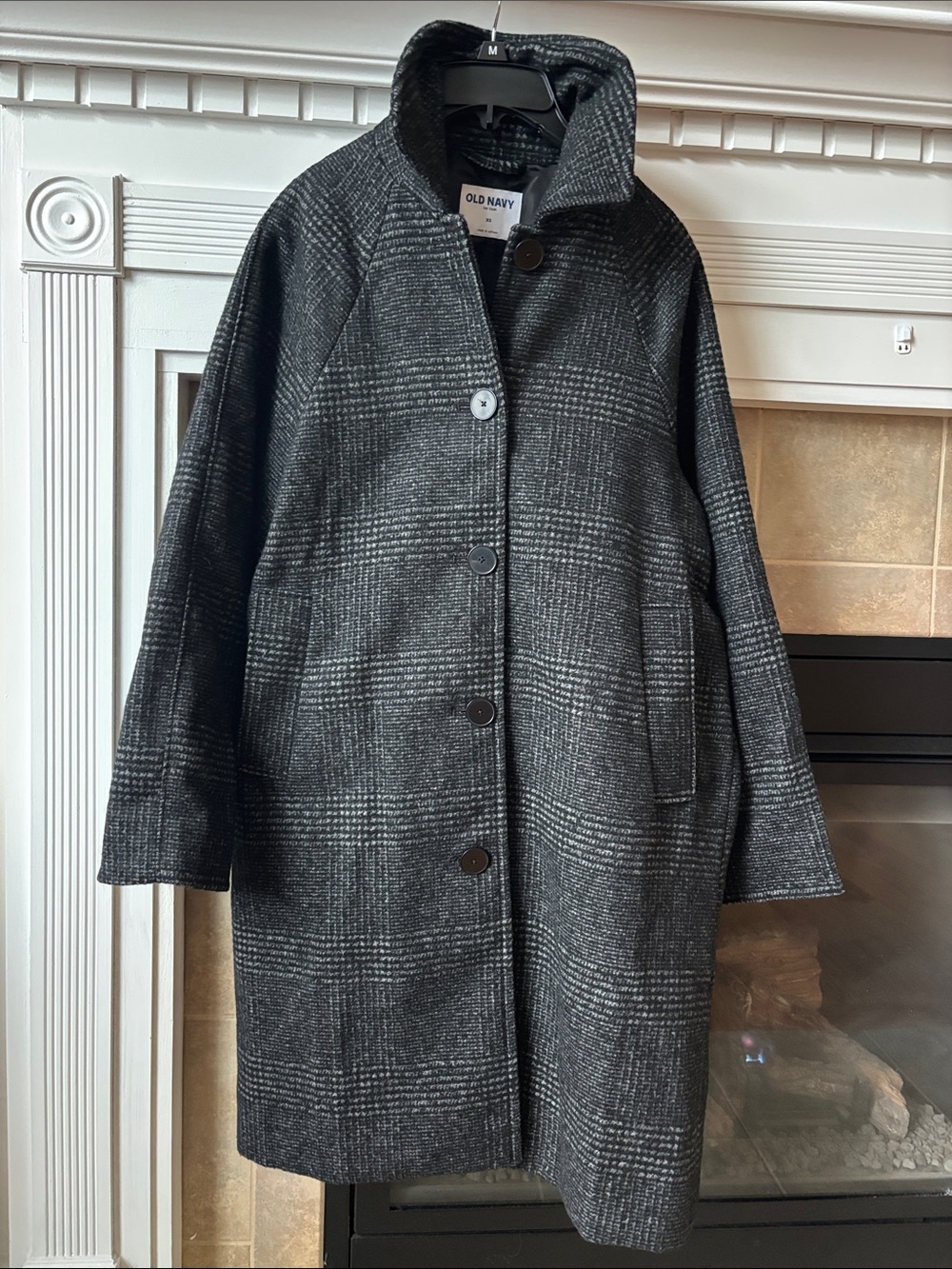 NEW Old Navy Car Coat XS Grey Black Plaid Midi Trench Winter Classic Timeless